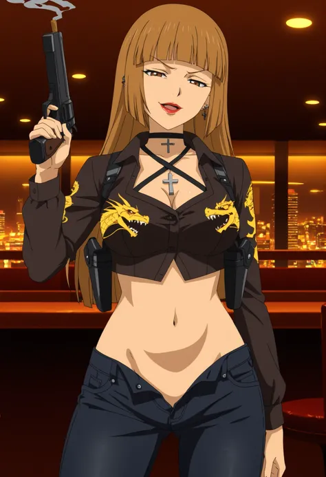 ushiromiyarosa, 1girl, solo, brown hair, brown eyes, hime cut, anime coloring, long hair, cowboy shot, ear piercing, long hair, , lipstick,Hot girl, baddie, smoking, sensual, attractive ,cross necklace, choker,, shoulder holster,, ,bar background, inside b...
