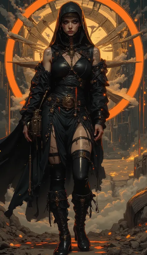 (masterpiece),(best quality),(8k),A beautiful black magic, Mystery又性感,Rune shining on the skin,an oversized broken hooded cape,hood covers most of the head,Sleeveless Black Latex Jumpsuit,black leather boots,Tired eyes spread yellow,standing on a broken Ol...