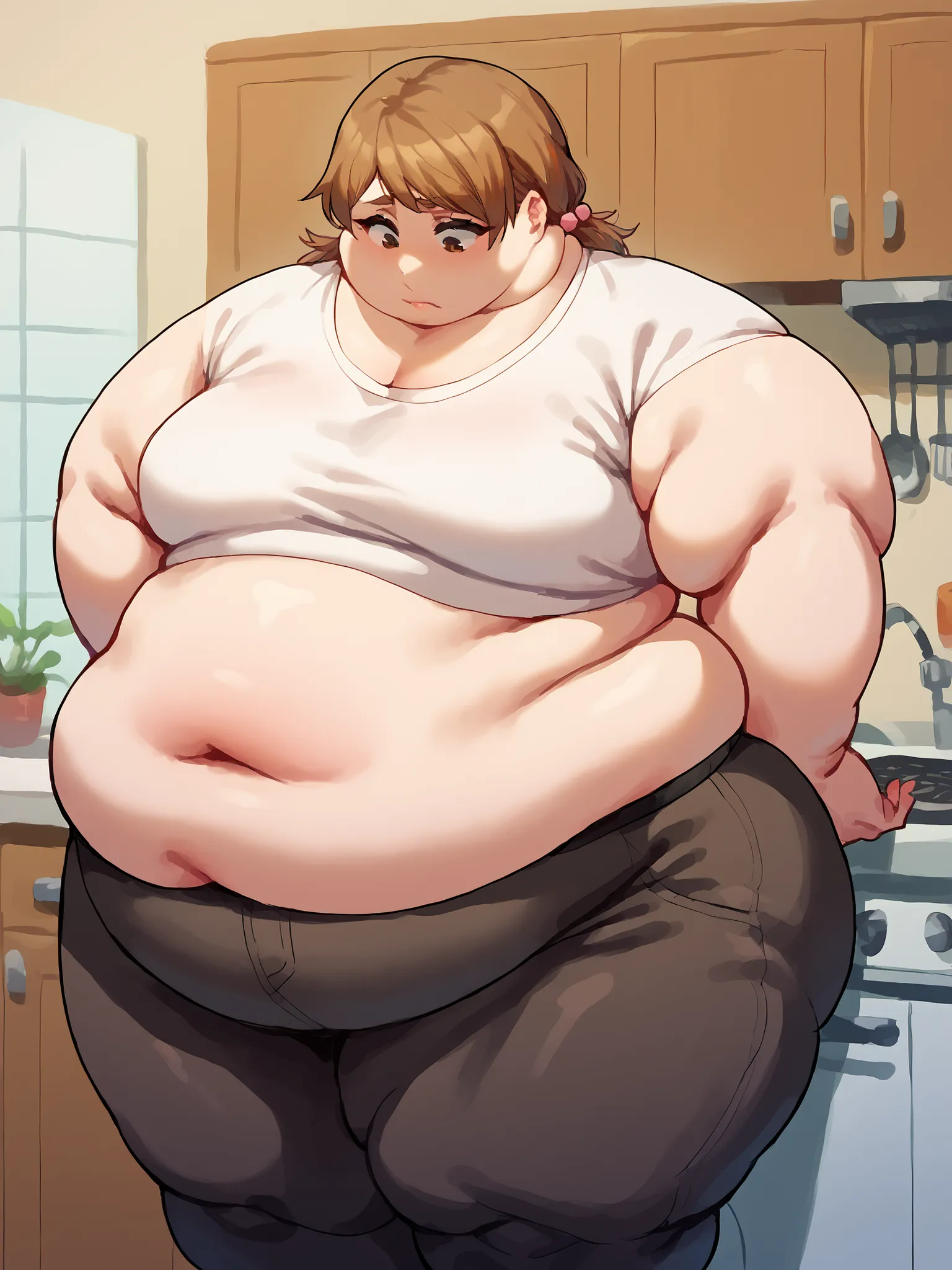 Score_9, score_8_up, score_7_up, score_6_up,  source_anime, kitchen background, 1girl, larger_female, size_difference, standing, looking down, BREAK, , yuzu, short hair, brown hair, brown eyes,, twintails, chubby fat female, BREAK,  fat, chubby, obese, fup...