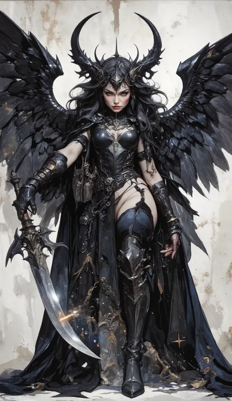  close-up of a woman wearing a black winged costume,  Full body shot，Villainess has black angel wings  , Angel Knight Goth Girl,  black wings instead of arms , as a mystical valkyrie, Crow angel wings,  female vampire with crow wings , Dark Angel,  Angel K...