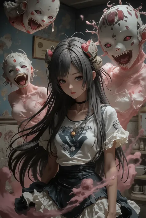anime-style, haunted gothic scene, a solemn girl with pale skin and long black hair wearing a frilled strawberry cake-themed dress, haunted by the ghost of a cursed cake, faint pink ectoplasmic frosting swirling around her body, eyes glowing faint red, mel...