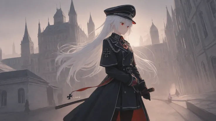 girl. white hair. Scarlet iris. order " Iron Cross ". Luftwaffe cap. Black uniform with scarlet edging. Majestic building in the background. Clearing the city from guerrillas.