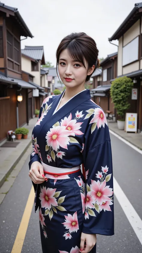 ((Top quality)), ((masterpiece)), ( details), Japanese girl full body high definition image, 顔のdetails, smiling, very beautiful kimono , woman in dark blue and floral kimono。Kyoto Gion cityscape background。 



