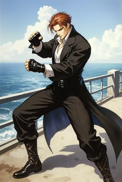 (masterpiece, best quality, highres, photorealistic, 8k), 1 handsome young man, strong and well-built, martial artist, fantasy-realism character concept. He has short auburn hair slicked back with a middle part fringe, tanned skin, a chiseled jawline on a ...