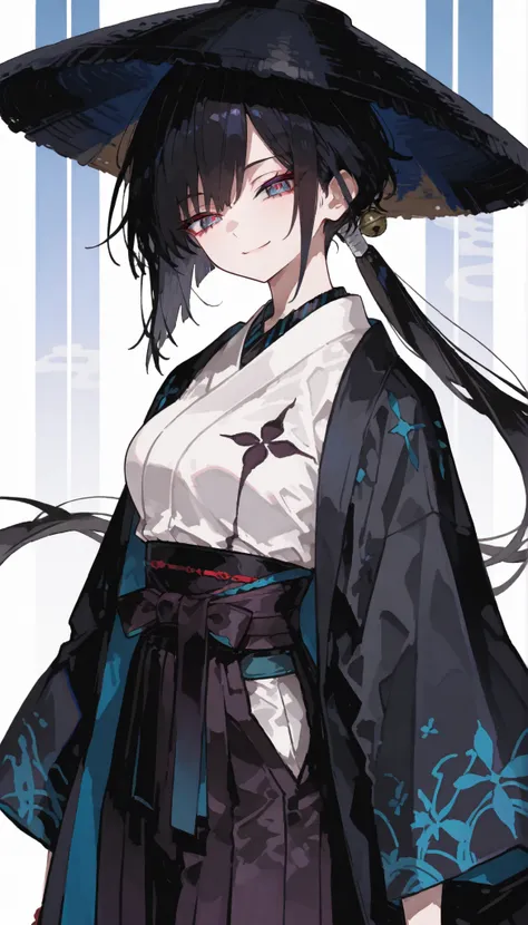 girl, black hair,In pretty blue eyes ,slim,viewer view,fall in love,samurai,long hair,The wind,Upper Body Shape,Big eyes,smile,CLEAN TRANSPARENT WHITE KIMONO,black coat,Medium Breasts,ponytail,ผมsamurai, black Hakama,small bell with hair,winged kimono,blac...