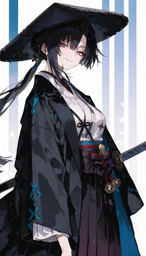 girl, black hair,In pretty blue eyes ,slim,viewer view,fall in love,samurai,long hair,The wind,Upper Body Shape,Big eyes,smile,CLEAN TRANSPARENT WHITE KIMONO,black coat,Medium Breasts,ponytail,ผมsamurai, black Hakama,small bell with hair,winged kimono,blac...