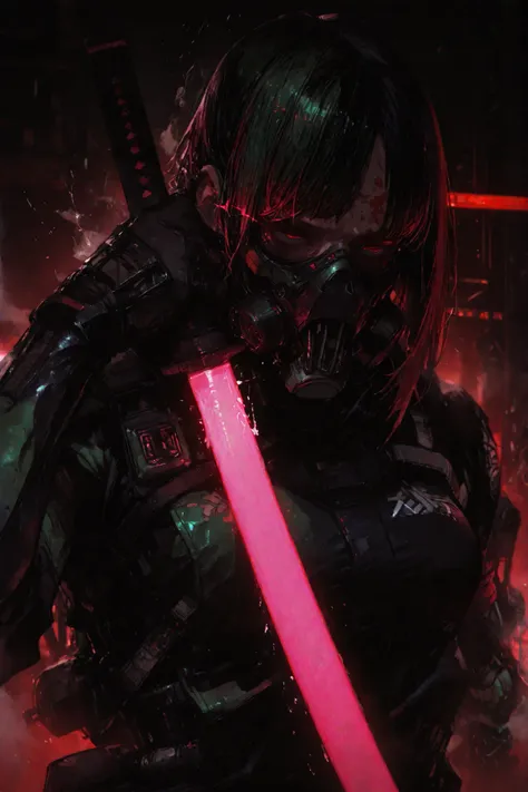 woman in a gas mask wearing black cyberpunk ninja clothes carrying a neon pink sword with the background looking as if it were a toxin in dust green and red lights hitting her face with