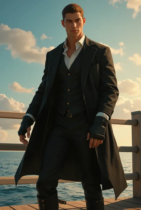 masterpiece, best quality, hyper-detailed, cinematic lighting, dramatic composition, exquisite mature character illustration. A tall, powerful, handsome young man as a fantasy-realism fighter. He has auburn slicked-back short hair with a middle-parted frin...
