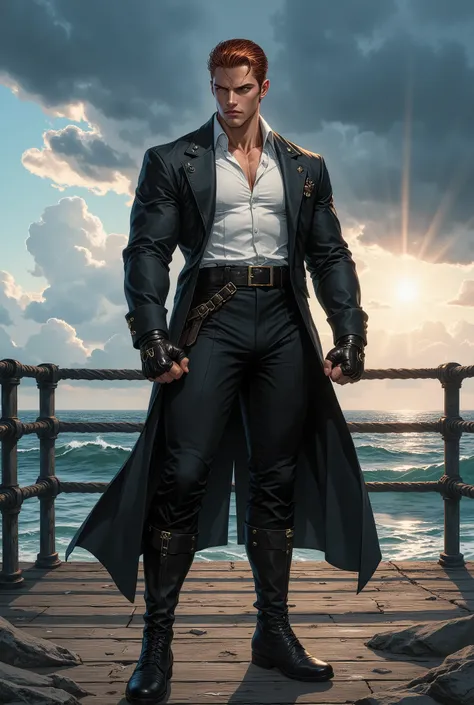 masterpiece, best quality, hyper-detailed, cinematic lighting, dramatic composition, exquisite mature character illustration. A tall, powerful, handsome young man as a fantasy-realism fighter. He has auburn slicked-back short hair with a middle-parted frin...
