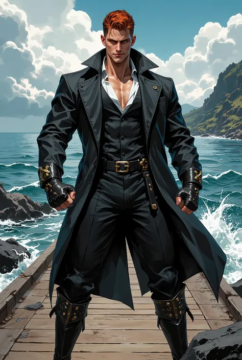 masterpiece, best quality, hyper-detailed, cinematic lighting, dramatic composition, exquisite mature character illustration. A tall, powerful, handsome young man as a fantasy-realism fighter. He has auburn slicked-back short hair with a middle-parted frin...