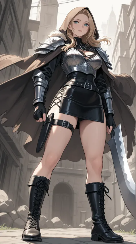 womanhood,  Leather Armor, leg knife sheath, leather boots, fingerless gloves, tight miniskirt, Lace-up Slit, 