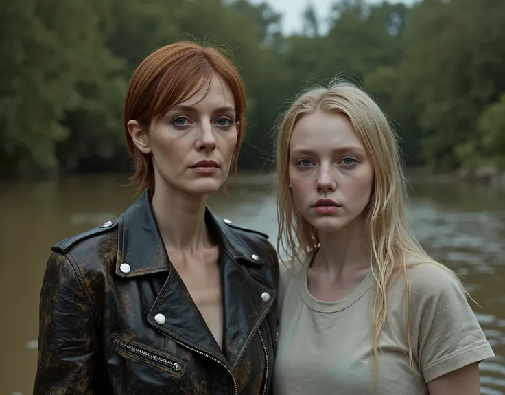 (1 woman, mid-aged, 40 years old, with bags under her eyes, copper-brown short haircut, in a faded leather jacket) and (1 girl, fragile, 20 years old, long blond hair, sports T-shirt, a gloomy expression of orgasm). stuck in a dirty swamp against the backd...