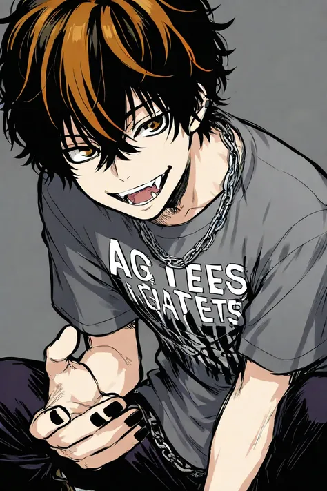  A stylized anime-style male character with shoulder-length messy black hair and golden-orange streaks in his bangs and sides. He has golden-brown eyes with a mischievous, sharp smile showing his fangs. He is crouching low, leaning slightly forward with bo...