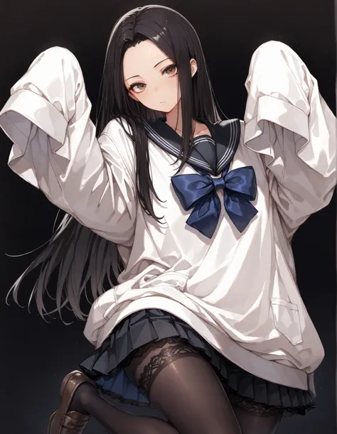 Shelley Gee, (masterpiece, top quality, High selection accuracy: 1.2), , Alone, (masterpiece, best quality:1.2), Bartolomeo Bari , Kiyomi , (1girl, solo), (long black hair, STRAIGHT HAIR, Forehead), brown eyes, (Serofu, lace fabricセーラー服)、bow tie、cowboy s...