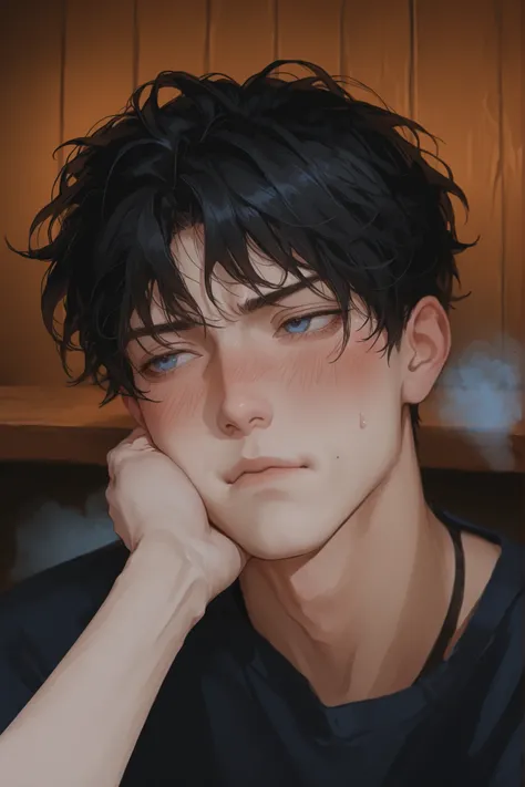A young man (Ren) with black hair and blue eyes, soft cheeks, sulking with his hand resting on his chin. He looks cute and a bit tsundere, with a hint of a blush on his face. The background is a warm brown wooden bar.
