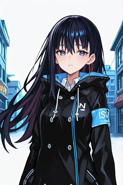 mrnnkk,Girl、(dark haired、Downer、Middle School Student) 、((is cool、black coat))、Shibuya Scenery、Anime Style、High Definition、High Quality、1girl