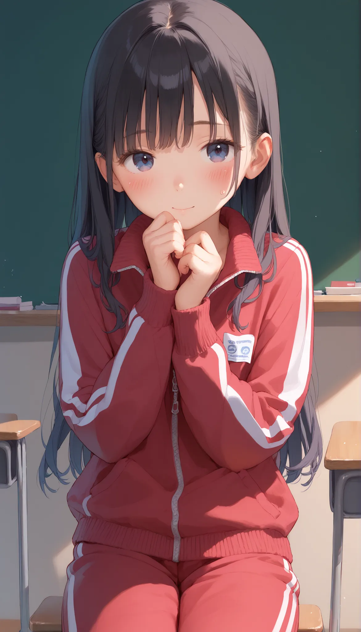 ((nsfw)), 1girl,black_hair,black_eyes,((Top quality)), ((Masterpiece)), ((Ultra precision)), ((Ultra detailed illustration)),solo, {{{{from front}}}},track suit,school gym clothes,(The location is classroom),8K,Embarrassing,long hair,{{"yellow_urination"}}