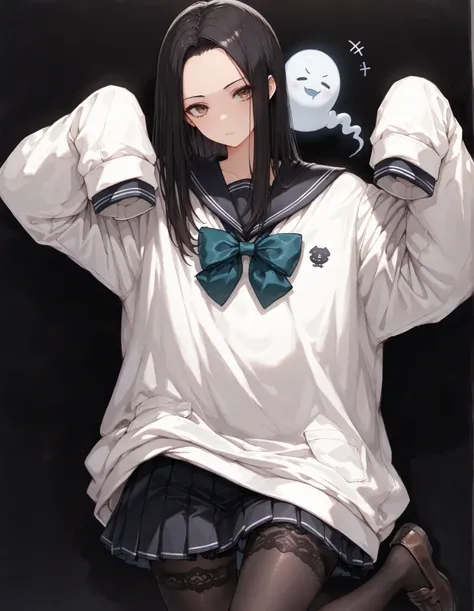 Shelley Gee, (masterpiece, top quality, High selection accuracy: 1.2), , Alone, (masterpiece, best quality:1.2), Bartolomeo Bari , Kiyomi , (1girl, solo), (long black hair, STRAIGHT HAIR, Forehead), brown eyes, (Serofu, lace fabricセーラー服)、bow tie、cowboy s...