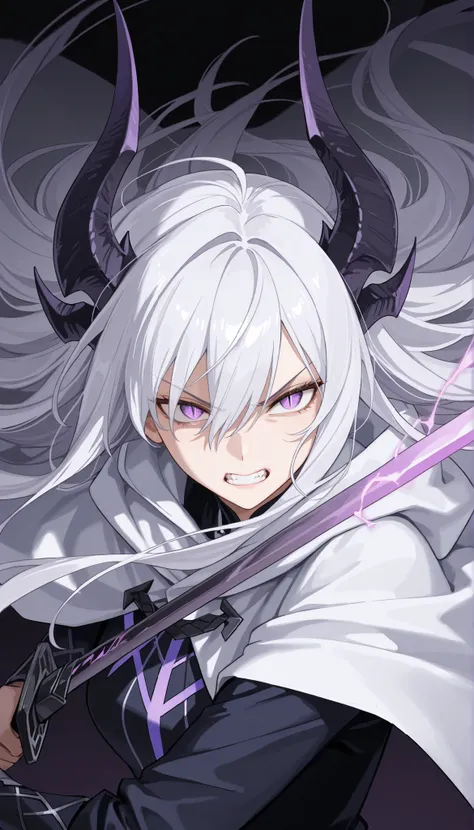 masterpiece, best quality, amazing quality, very aesthetic, high resolution, ultra-detailed, absurdres, 1girl, white_hair, tall, long_hair, mature_female, purple_eyes, hair_over_one_eye, dragon_horns, gritted_teeth, from_side, dragon_girl, slit_pupils, upp...