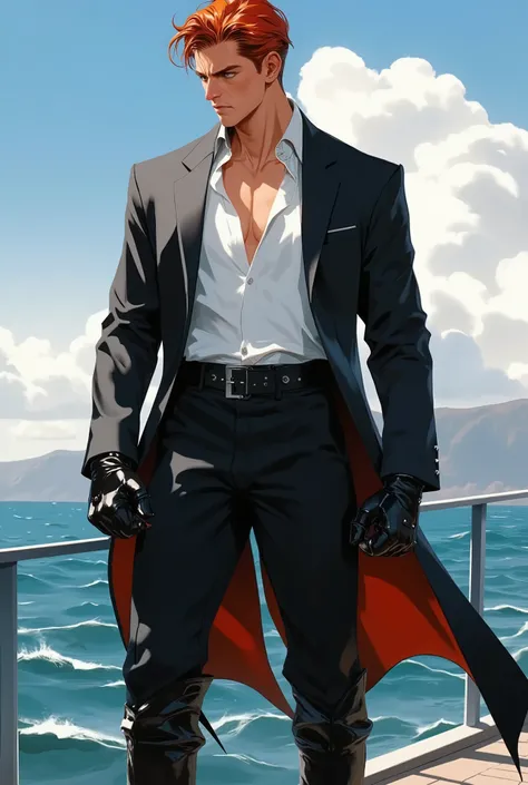 masterpiece, best quality, hyper-detailed, cinematic lighting, dramatic composition, exquisite mature character illustration. A tall, powerful, handsome young man as a fantasy-realism fighter. He has auburn slicked-back short hair with a middle-parted frin...