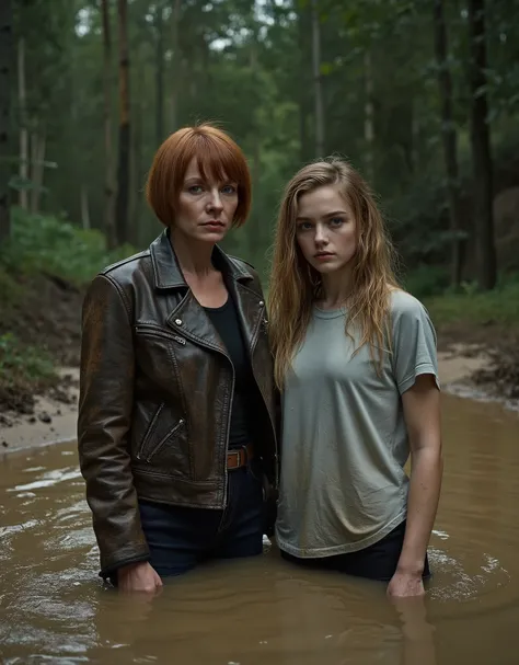 (1 woman, mid-aged, 40 years old, with bags under her eyes, copper-brown short haircut, in a faded leather jacket) and (1 girl, fragile, 20 years old, long blond hair, sports T-shirt, a gloomy expression of orgasm). stuck in a dirty sludge against the back...