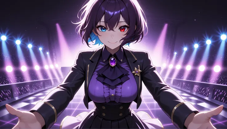 top quality, 8K, 4K, high resolution, high contrast with a silver gun,1girl, Japanese female idols sing and dance passionately on stage、while the audience's cheers echo through、Colorful lights illuminate her, I'm wearing a purple jewel, short skirt, close-...