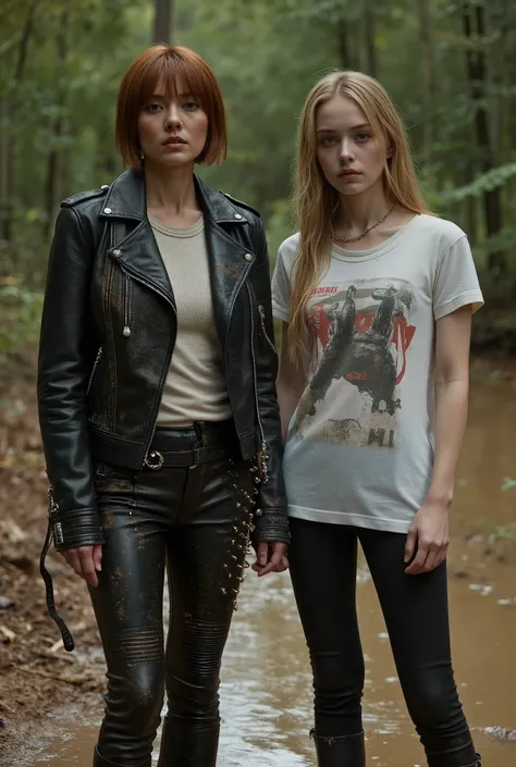(1 woman, mid-aged, 40 years old, with bags under her eyes, copper-brown short haircut, in a faded leather jacket and biker leather pants with spikes) and (1 girl, fragile, 20 years old, long blond hair, sports T-shirt, a gloomy expression of orgasm). stuc...