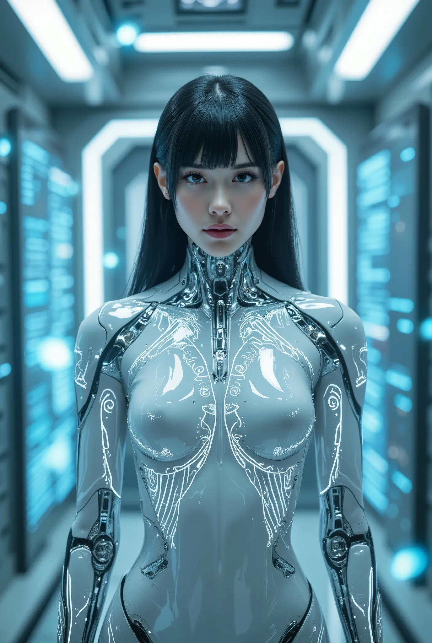 (best quality, 4k, highres, masterpiece:1.2) , ultra-detailed, (realistic, photorealistic:1.37), a sleek, emotionless AI girlfriend standing still, with pale synthetic skin, glowing lines on her body, featureless metallic eyes, and a chrome bodysuit. Her f...