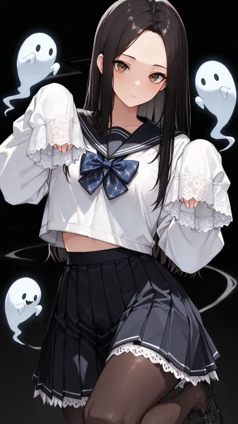 Shelley Gee, (masterpiece, top quality, High precision in selection: 1.2), , Alone, (masterpiece, best quality:1.2), baltolomeobari , Kiyomi , (1girl, solo), (long black hair, STRAIGHT HAIR, Forehead), brown eyes, (Serofu, lace fabricセーラー服)、bow tie、cowboy...