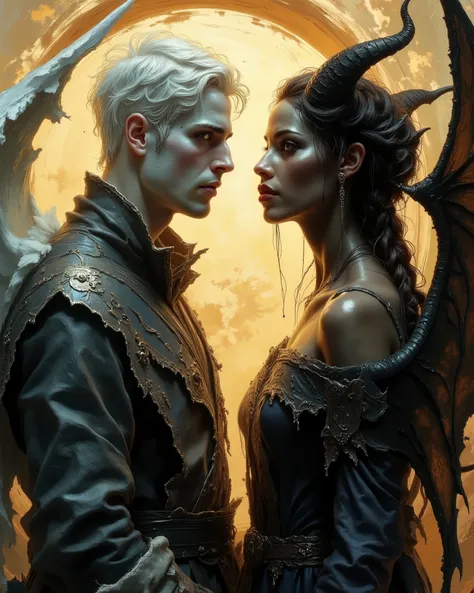 Done in a balanced, impressionist style that expresses the harmony of opposites. Though in love, they fear their love is unwise, destructive and perverse. They resist it as much as they want to surrender to its beauty.
A captivating portrait shows an ange...