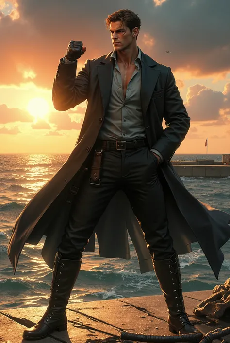 (masterpiece, 8k resolution, best quality, ultra-detailed, photorealistic fantasy), A full-body character illustration of a tall,ruggedly handsome and powerfully built young brawler, exuding an aura of confident defiance. He has short, slicked-back auburn ...
