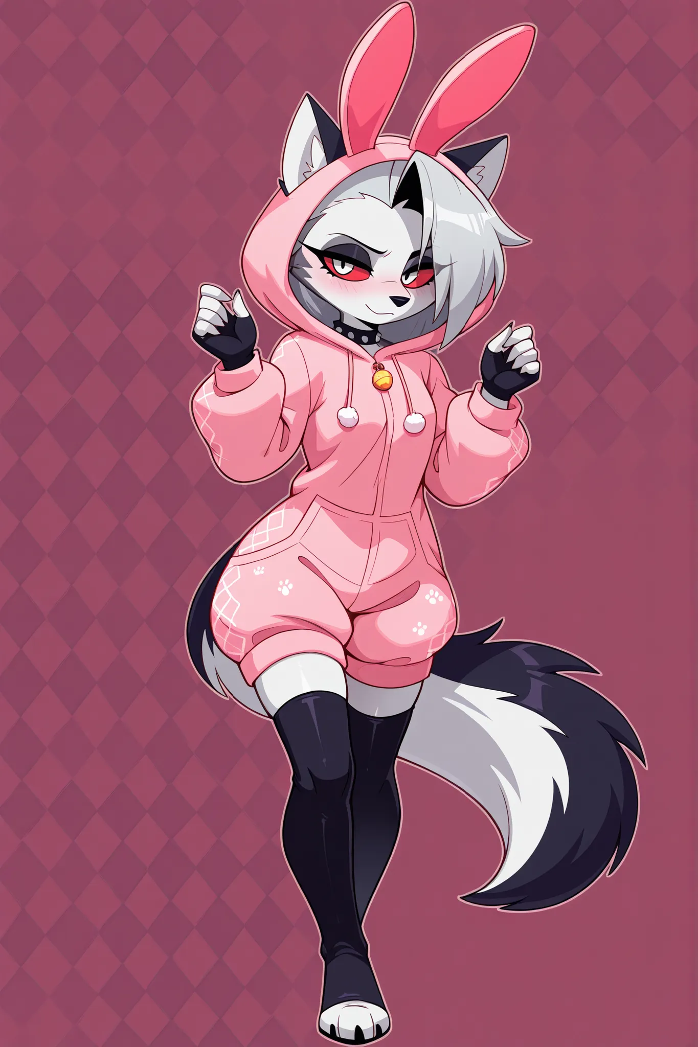 best quality, high quality, furry, solo, anthro, female, loona(jizokumode), loonajizokustyle, loona \\\\(helluva boss\\\\), furry female hellhound, red sclera, legwear, fingerless gloves,
fake rabbit ears, fluffy onesie, easter, argyle \(pattern\) backgro...