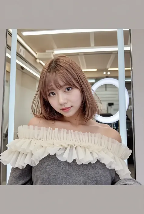 A beautiful young Japanese woman, very large sparkling almond-shaped eyes, flawless smooth pale skin, slightly glamorous makeup with pink and peach tones, defined eyeliner and long lashes, glossy dark brown medium-length hair with soft waves, wearing a sty...