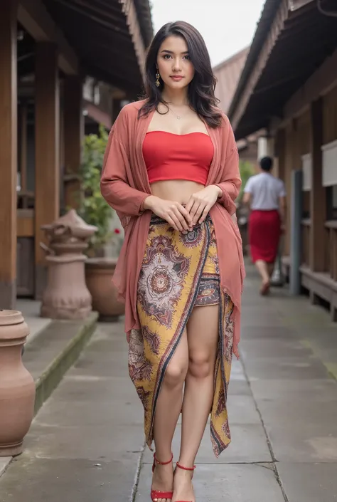 ((Best Quality, 8k, Masterpiece: 1.3)), Focus: 1.2, Perfect Body Beauty: 1.4, Buttocks: 1.2, ((Layered Haircut,long hair tied up)), (Wet Clothes: 1.1), (Rain, Street:1.3), (Breasts: 1.2), (Hanfu: 1.2), (whole body),Bare Shoulders, red high heels,Highly Det...