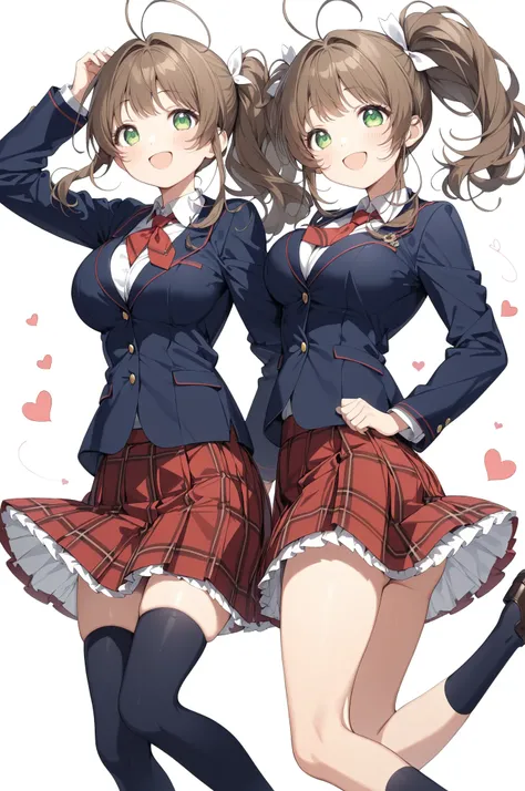 (high quality illustration Art, Super Best masterpiece, 16K, Highest image quality, super high resolution, super high degree of perfection of the work)
(brown hair, antenna hair, bangs, stupid hair, hair intake , green eyes), (super very cute smile, Happy ...