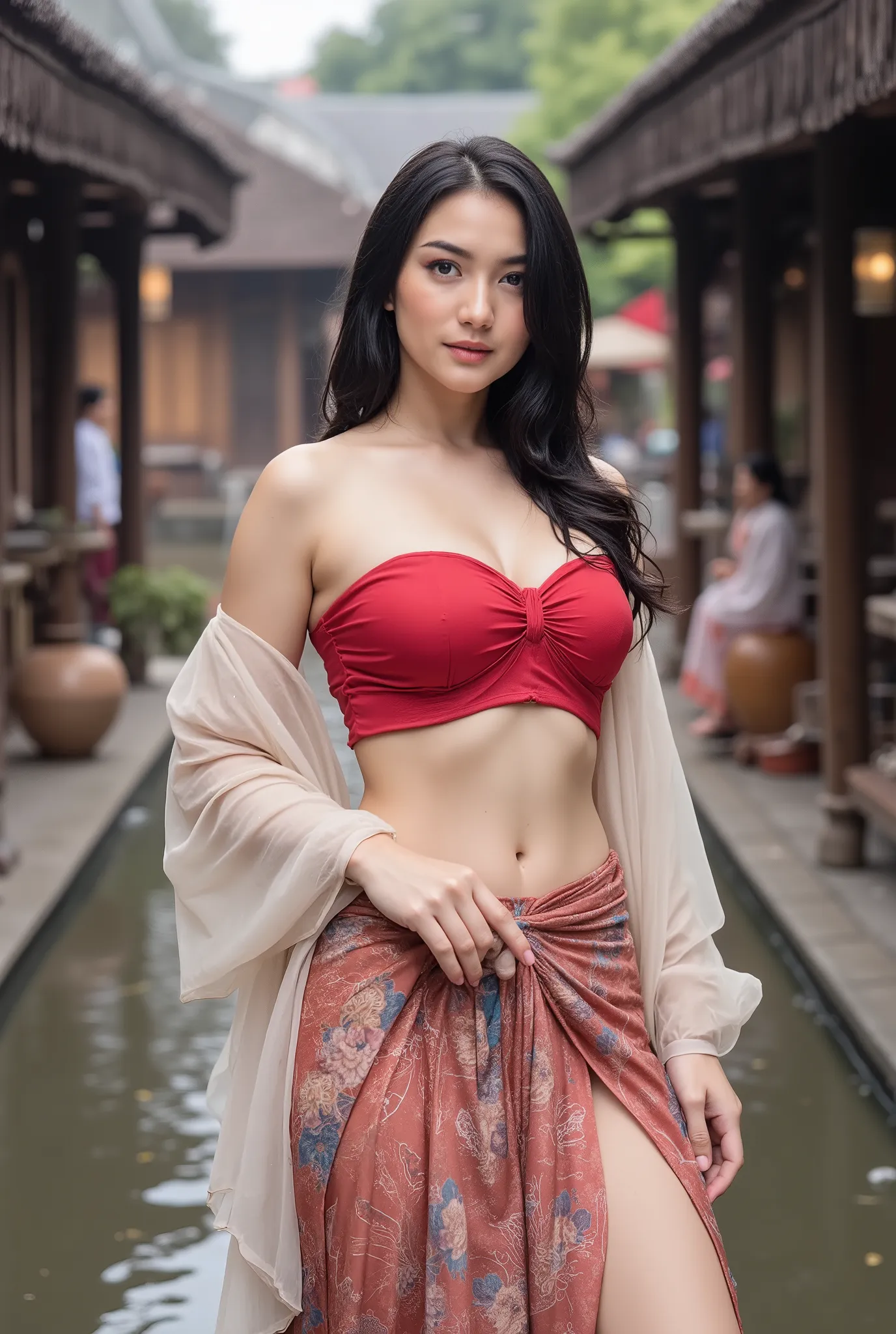 ((Best Quality, 8k, Masterpiece: 1.3)), Focus: 1.2, Perfect Body Beauty: 1.4, Buttocks: 1.2, ((Layered Haircut)), (Wet Clothes: 1.1), (Rain, Street:1.3), (Breasts: 1.2), (Hanfu: 1.2), (whole body),Bare Shoulders, red high heels,Highly Detailed Face and Ski...