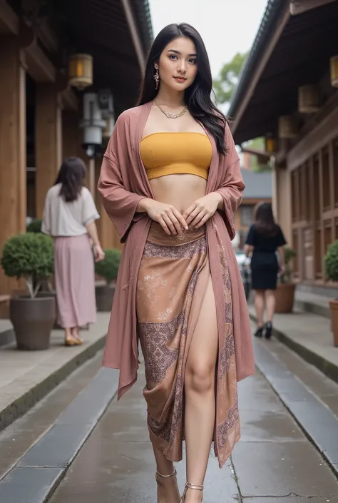 ((Best Quality, 8k, Masterpiece: 1.3)), Focus: 1.2, Perfect Body Beauty: 1.4, Buttocks: 1.2, (,long hair tied up)), (Wet Clothes: 1.1), (Rain, Street:1.3), (Breasts: 1.2), (Hanfu: 1.2), (whole body),Bare Shoulders, red high heels,Highly Detailed Face and S...