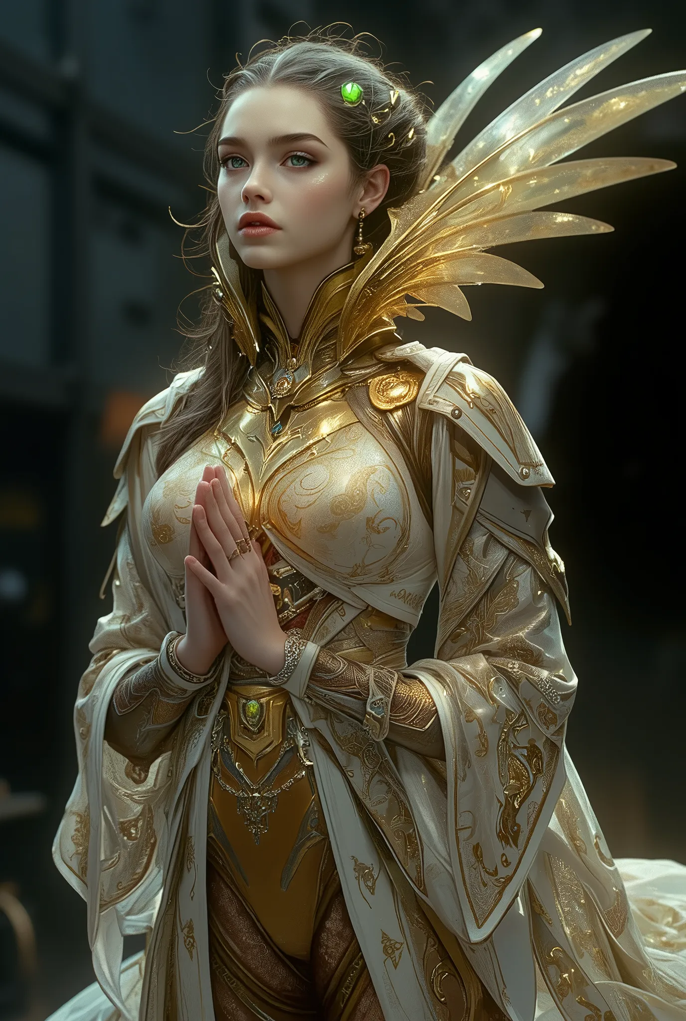 mysterious and beautiful female humanoid creature with glowing green eyes embedded in its iridescent armor, her hands are clasped together as if in prayer, elegant futuristic kimono with gold accents, monochrome color scheme, dramatic studio lighting, ultr...