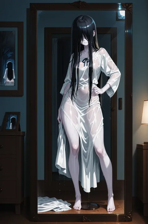 yamamura sadako, hair over eyes, black hair, long hair, pale skin, white dress, wet clothes, barefoot, pictured in a mirror, holding up dress above her hips to expose body, bare cunt, inside a bedroom at night, alone, NSFW, natural lighting, in full view i...