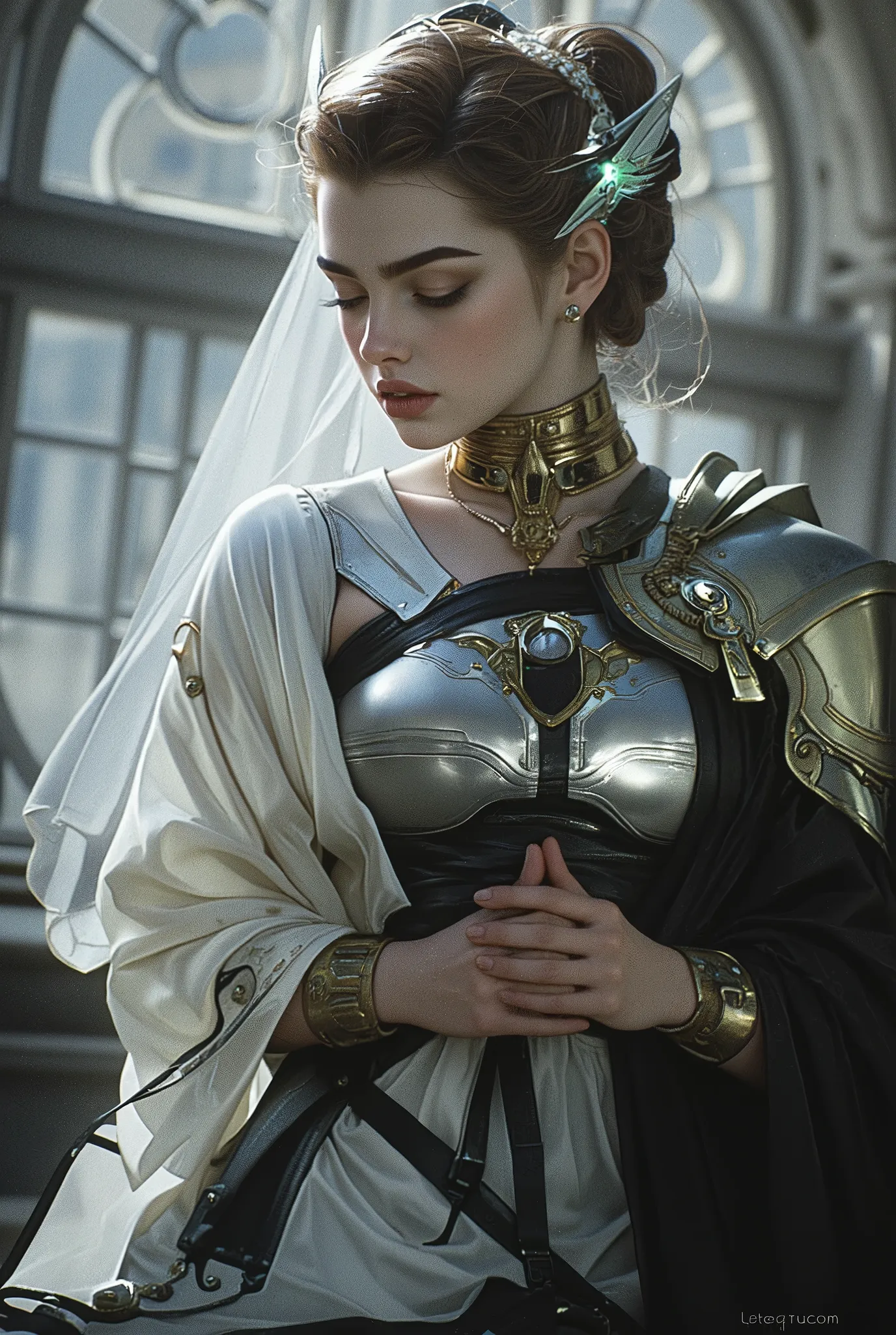 mysterious and beautiful female humanoid creature with glowing green eyes embedded in its iridescent armor, her hands are clasped together as if in prayer, elegant futuristic kimono with gold accents, monochrome color scheme, dramatic studio lighting, ultr...