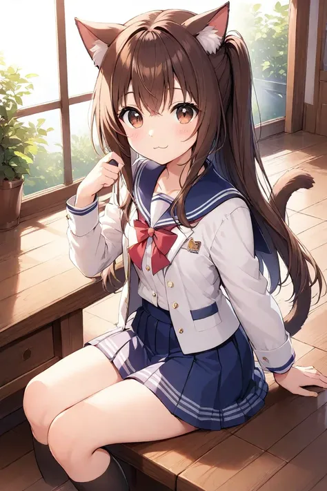 1girl, beautiful, cat girl, brown hair,brown eyes