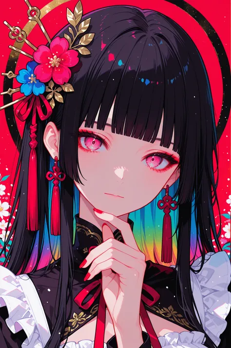 
woman, solo, red nails, looking at viewer, bangs, pink eyes, long hair, black hair, hair ornament, hand up, flower, blunt bangs, closed mouth, tassel, ribbon, portrait, colorful, red background, frills, multicolored hair, upper body,