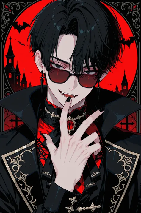 1boy, adult male,  digital portrait of a fashionable anime male vampire with black hair, fangs, and goth clothing; his black eyes are hidden behind red sunglasses, his nails are long and clear, his accessories are ornate and detailed, dramatic,  stylized w...