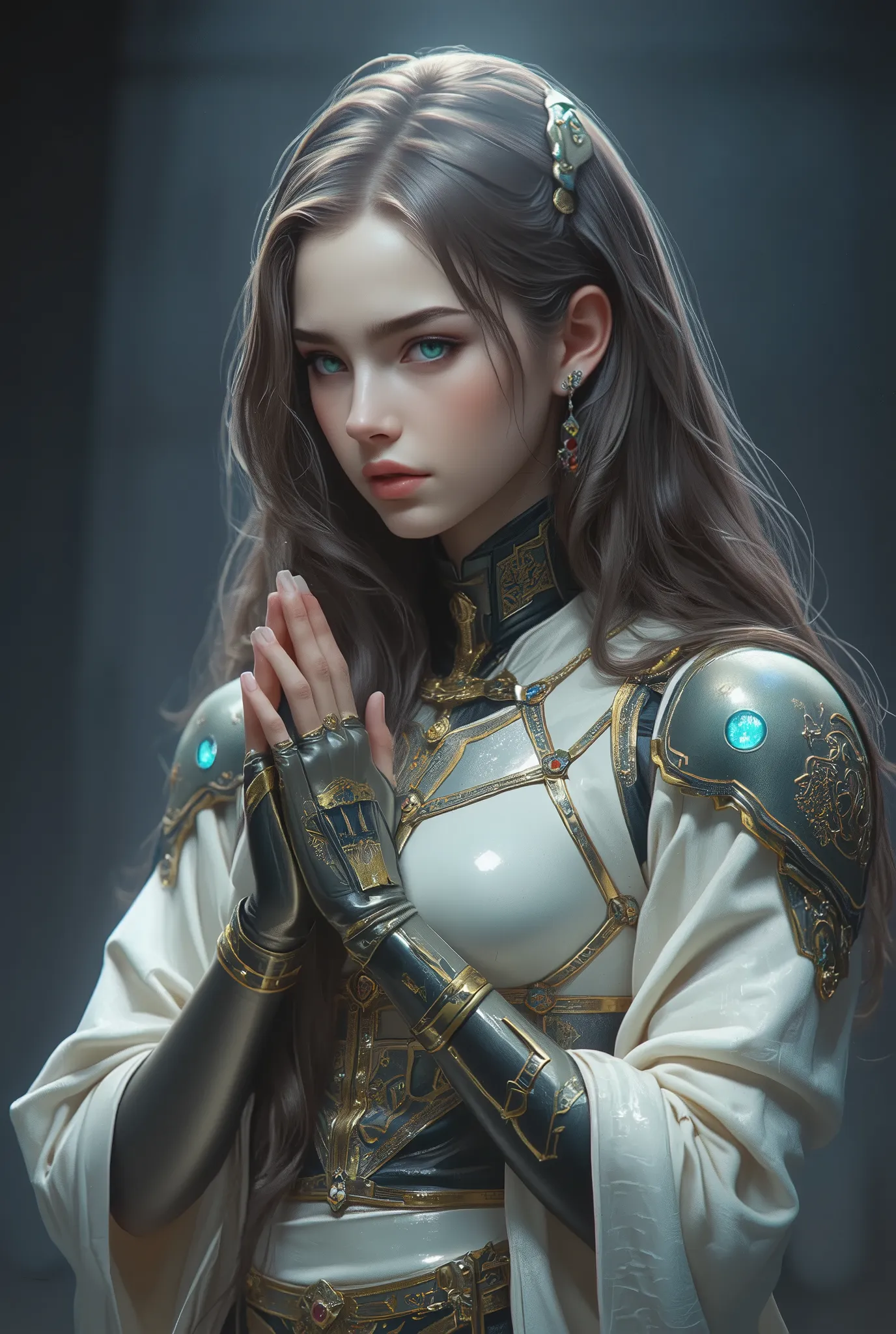 mysterious and beautiful female humanoid creature with glowing green eyes embedded in its iridescent armor, her hands are clasped together as if in prayer, elegant futuristic kimono with gold accents, monochrome color scheme, dramatic studio lighting, ultr...