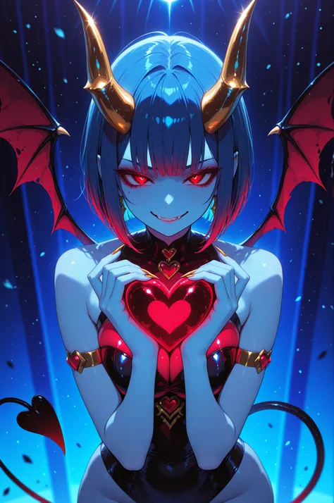 masterpiece, ultra-HD, high detail, best quality, very aesthetic, 8k, best quality, sharp focus, three quarter face shot, depth of field, shallow depth of field. 1girl, devil, rich blue hue hair, red/gold eyes, big pretty eyes, smirk, mole (fangs). Blue sk...