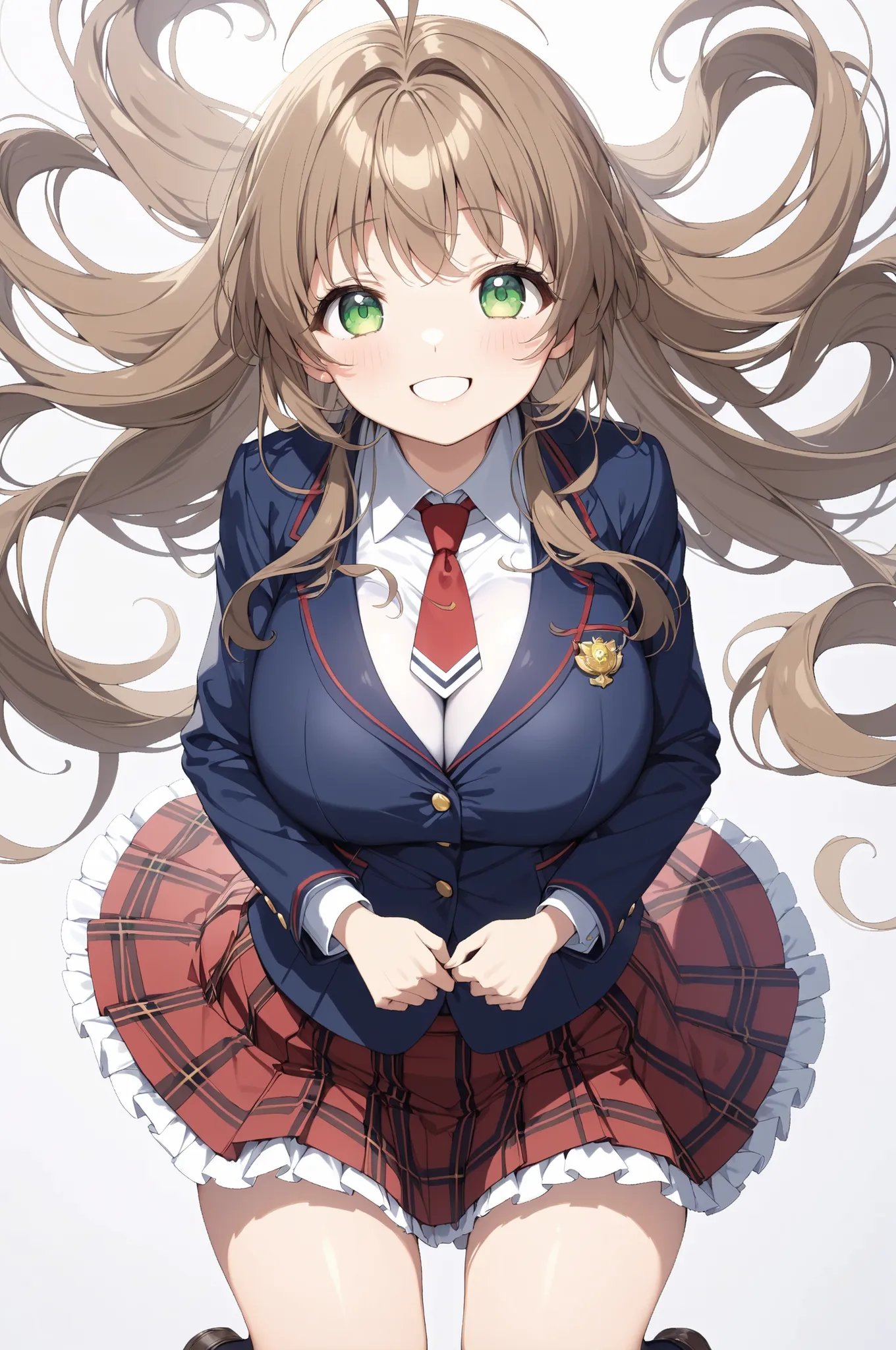 (high quality Animation Art, Super Best masterpiece, 16K, Highest image quality, super high resolution, super high degree of perfection of the work), 1girl, solo, 
(brown long hair, antenna hair, bangs, stupid hair, hair intake , green eyes), (super very c...