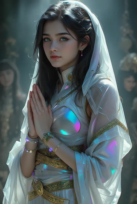 mysterious and beautiful female humanoid creature with glowing green eyes embedded in its iridescent armor, her hands are clasped together as if in prayer, elegant futuristic kimono with gold accents, monochrome color scheme, dramatic studio lighting, ultr...