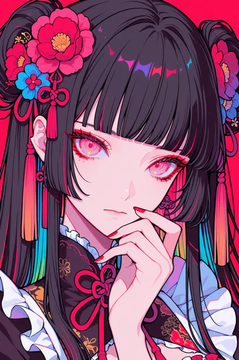 
woman, solo, red nails, looking at viewer, bangs, pink eyes, long hair, black hair, hair ornament, hand up, flower, blunt bangs, closed mouth, tassel, ribbon, portrait, colorful, red background, frills, multicolored hair, upper body,