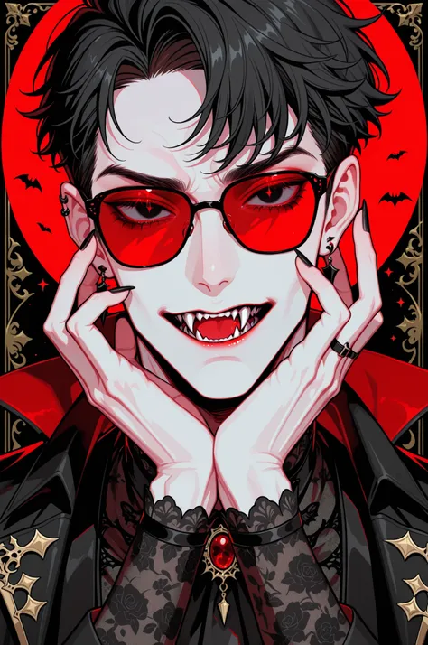 1boy, adult male,  digital portrait of a fashionable anime male vampire with black hair, fangs, and goth clothing; his black eyes are hidden behind red sunglasses, his nails are long and clear, his accessories are ornate and detailed, dramatic,  stylized w...