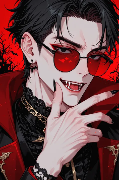 1boy, adult male,  digital portrait of a fashionable anime male vampire with black hair, fangs, and goth clothing; his black eyes are hidden behind red sunglasses, his nails are long and clear, his accessories are ornate and detailed, dramatic,  stylized w...